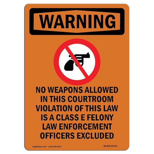 Safety Sign, OSHA WARNING, 5" Height, No Weapons Allowed, Portrait, 10PK